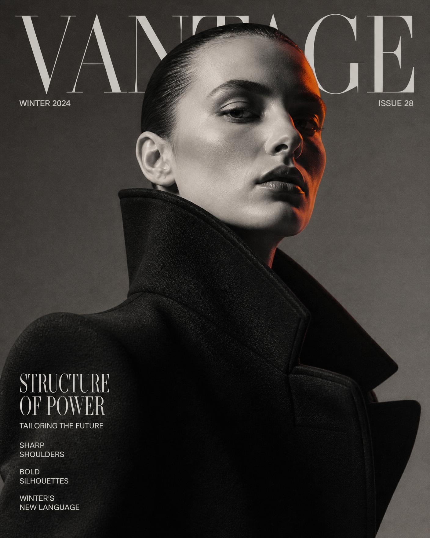 Model wearing a sharp-shouldered architectural wool coat