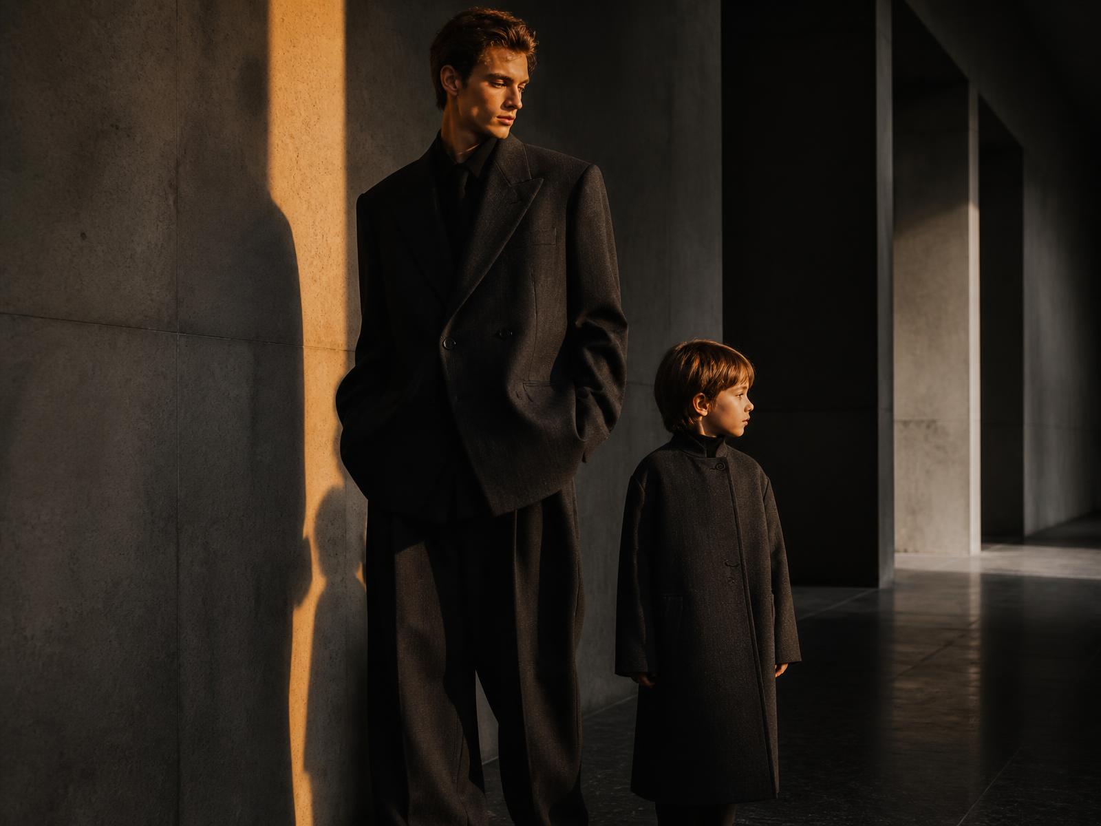 Man in an oversized wool suit beside a child in a matching minimal coat in a concrete corridor
